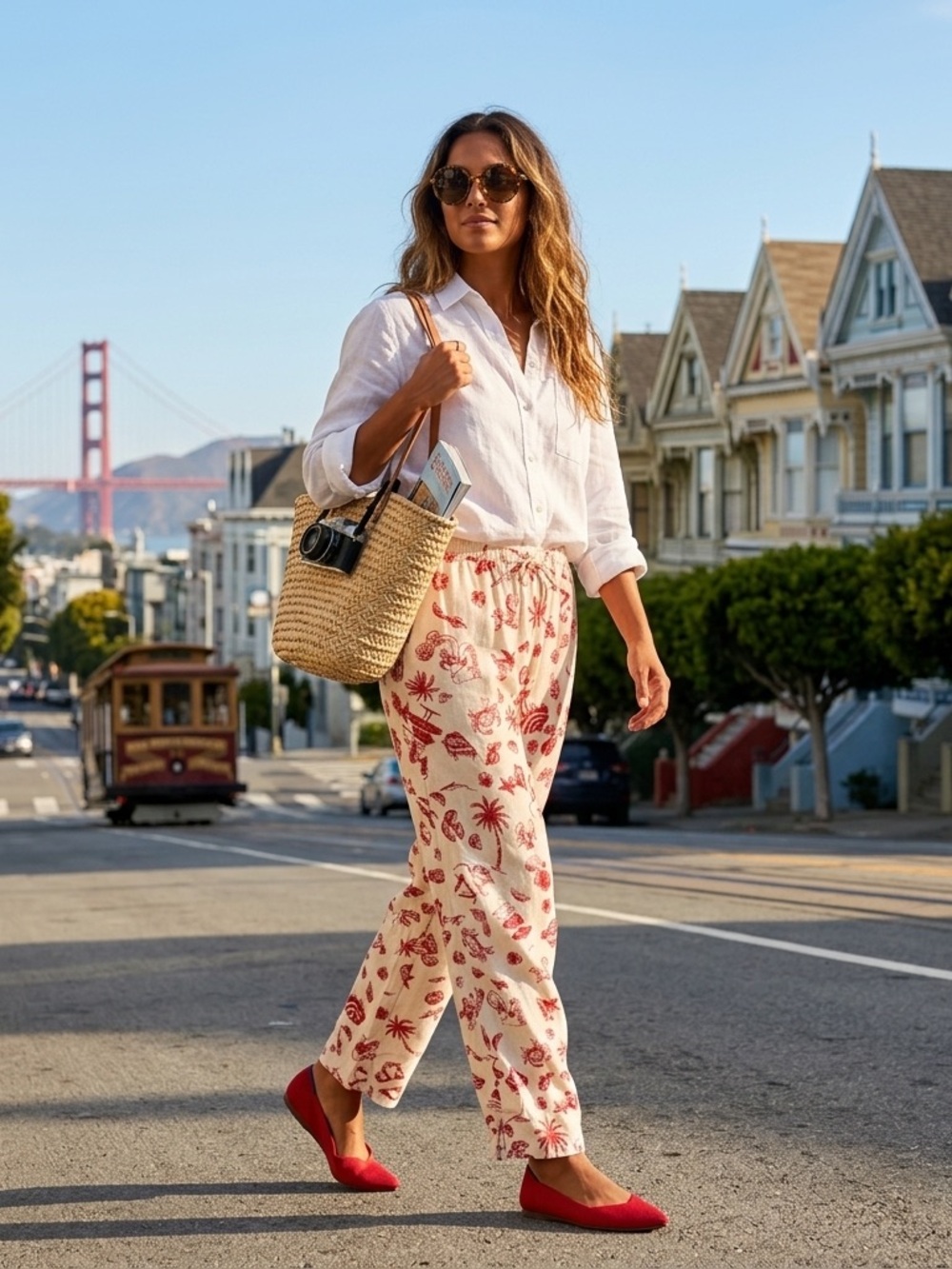 Wild Fable Linen Blend Cream Red Crab Shell Lobster Vacation Print Flowy Pants